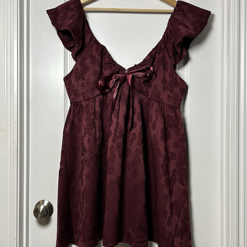 Francesca's Burgandy‎ Sofia Jacquard Bow Mini Dress Dark Coquette Romantic Style